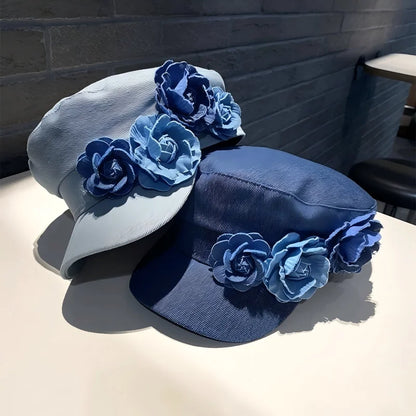Vintage Floral Denim Newsboy Cap – Retro Flat Top Women's Streetwear