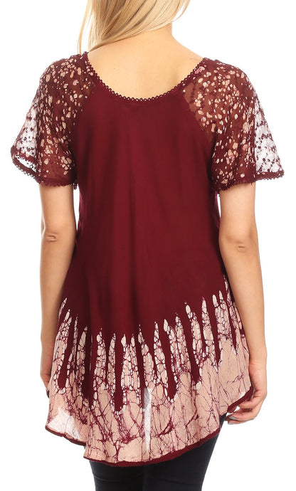 Sakkas Cora Relaxed Fit Batik Design Embroidery Cap Sleeves Blouse / Top