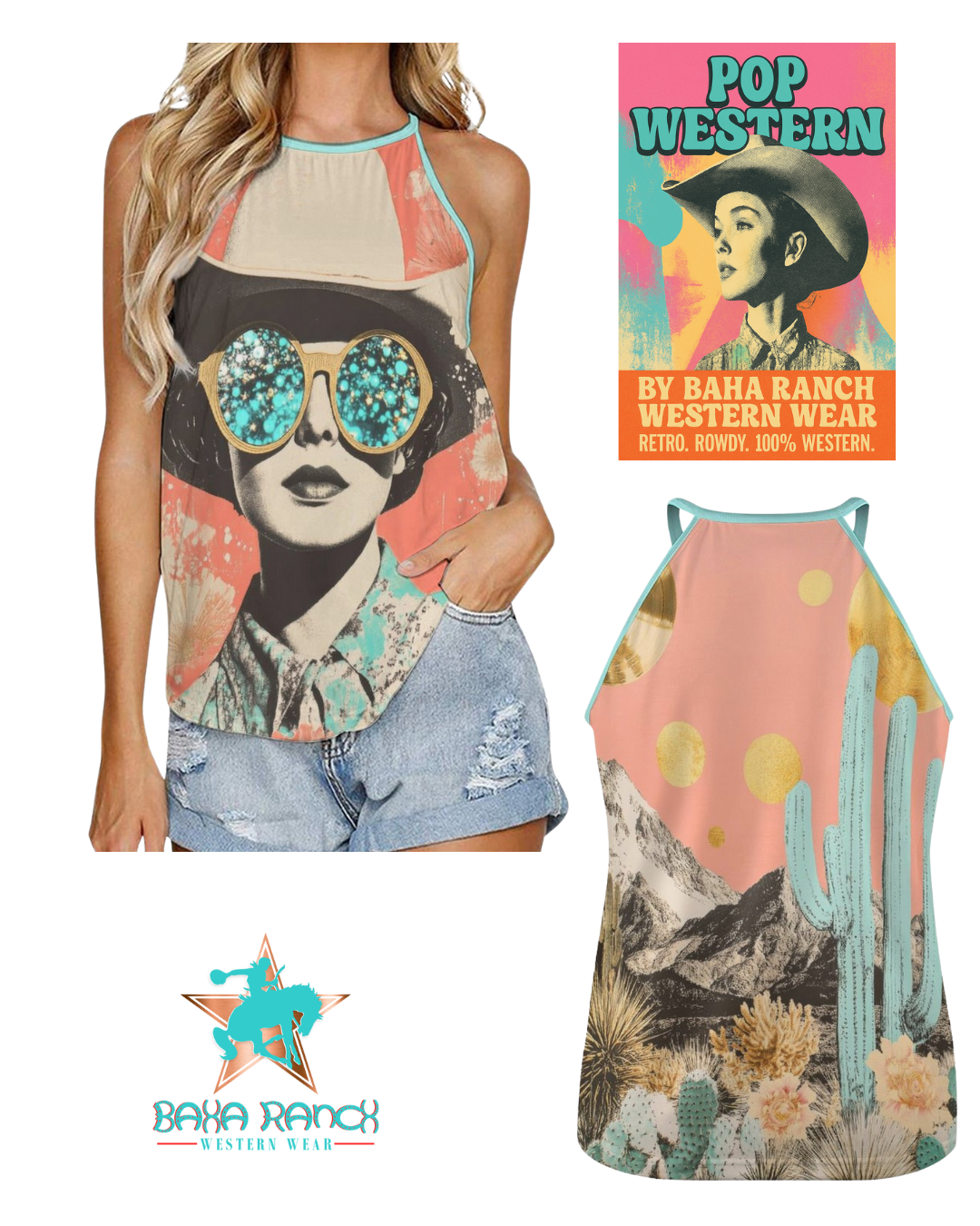 Turquoise Cowgirl Retro Pop Western Tank Top