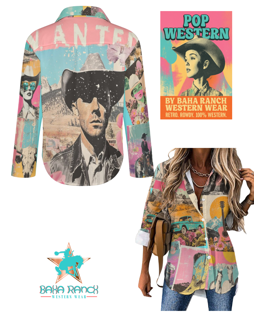 Pop Western Wanted Collage Button Up Shirt