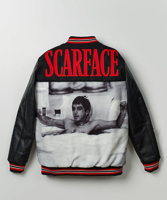 Scarface Vegan Leather Chenille Patched Varsity Jacket