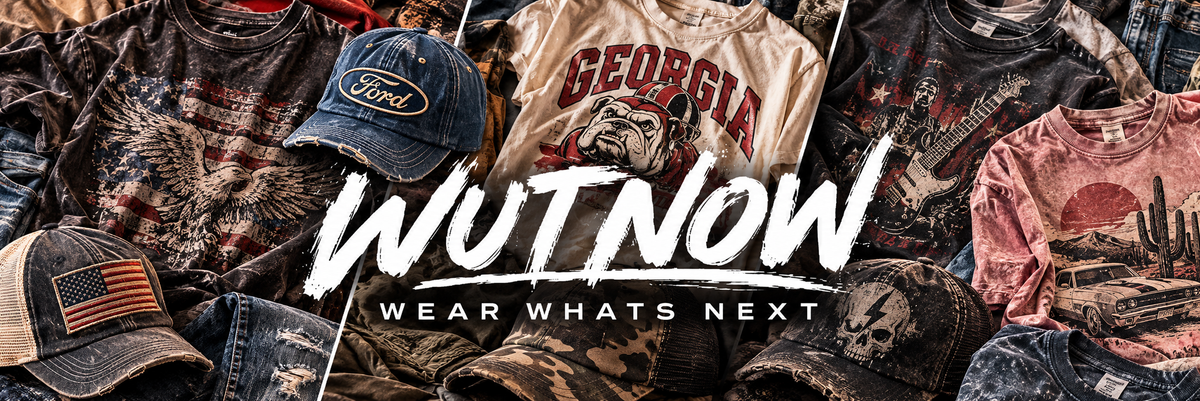 WUTNOW streetwear homepage banner featuring a collage of vintage graphic T-shirts, distressed trucker caps, denim, and casual apparel, with the WUTNOW logo and Wear What's Next slogan.